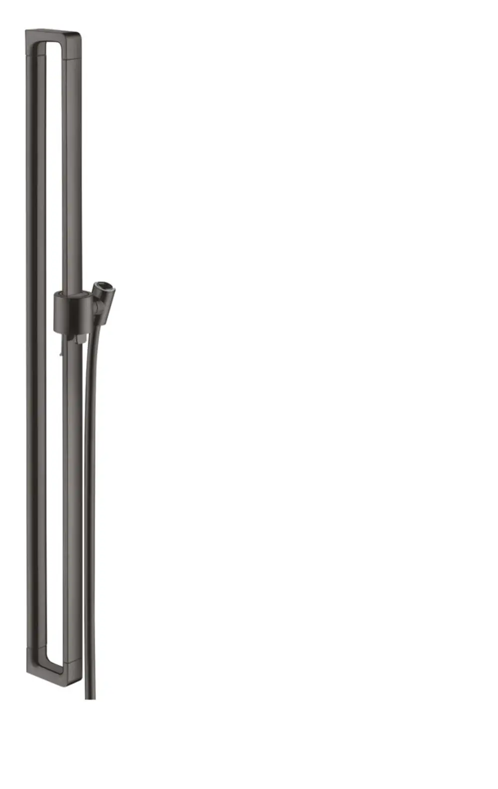 Brausestange von AXOR in Brushed Black Chrome, vertikal montiert mit einem Brauseschlauch. Schlichtes Design, geeignet für Badezimmerinstallationen.